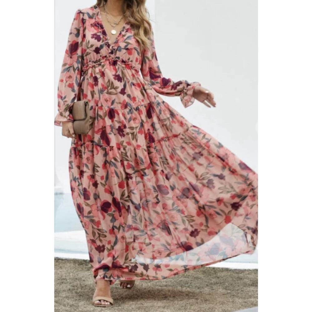 Romantic Floral Tiered Ruffle Ethereal Whimsical Extra Long Maxi Dress - Picture 3 of 10